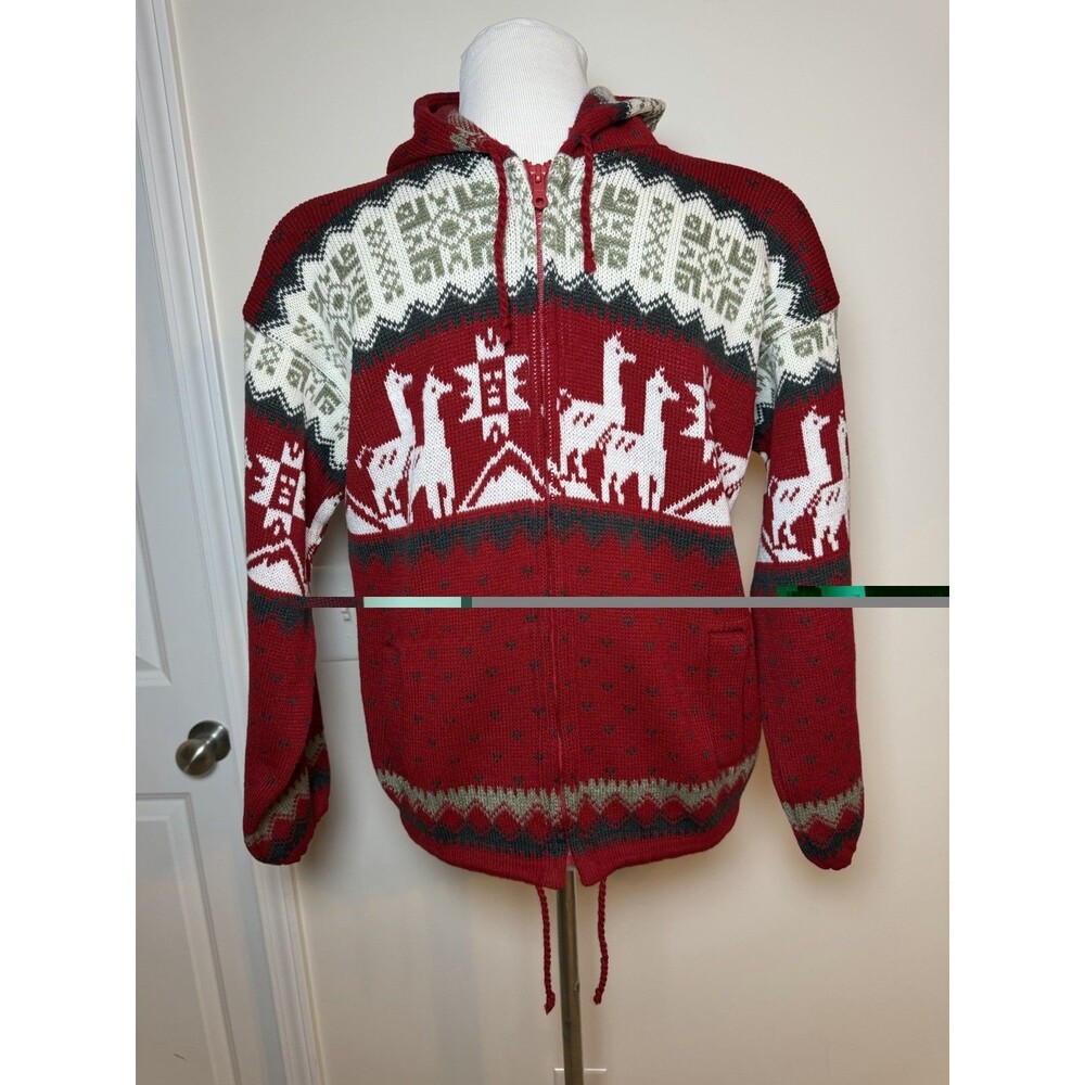 Tejidos Rumiñahui Andean Wool Knit Hoodie Sweater Red Llama Alpaca Pattern S